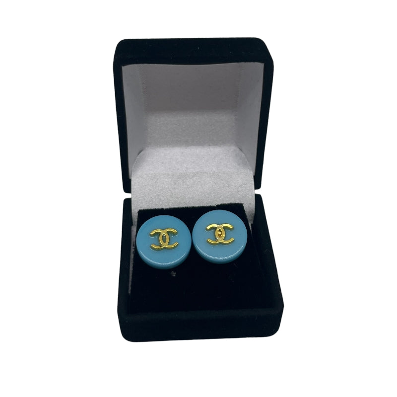 Designer Button Earrings, Authentic Chanel Buttons, Gold Hardware, Studded, Interlocking CC Logo, Pink and Blue, Condition: New