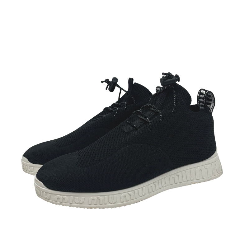 Miu Miu Black Stretch Sneakers, Size 39, Elastic Laces, Rubber Sole, Miu Miu Logo Details, Black Stretch Knit Upper, Condition: Fair