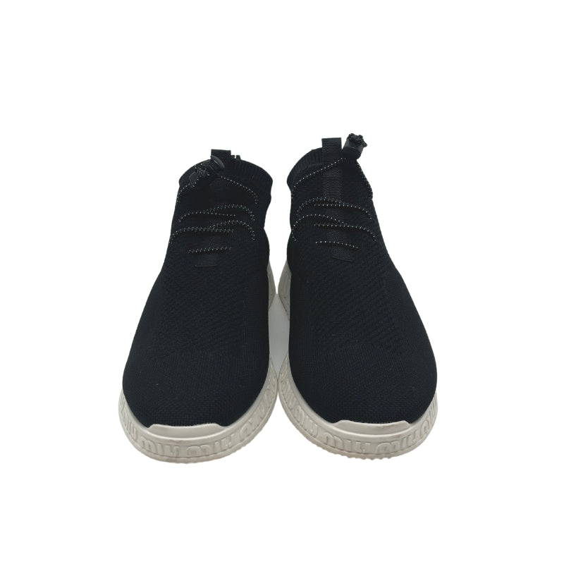 Miu Miu Black Stretch Sneakers, Size 39, Elastic Laces, Rubber Sole, Miu Miu Logo Details, Black Stretch Knit Upper, Condition: Fair