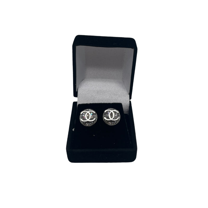 Designer Button Earrings, Authentic Chanel Buttons, Silver Hardware, Studded, Interlocking CC Logo, Rhinestone, Condition: New