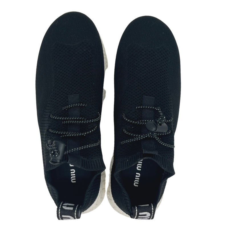 Miu Miu Black Stretch Sneakers, Size 39, Elastic Laces, Rubber Sole, Miu Miu Logo Details, Black Stretch Knit Upper, Condition: Fair