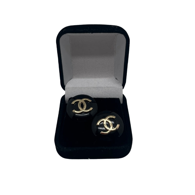Designer Button Earrings, Authentic Chanel Buttons, Gold Hardware, Studded, Interlocking CC Logo, Black and Gold, Condition: New