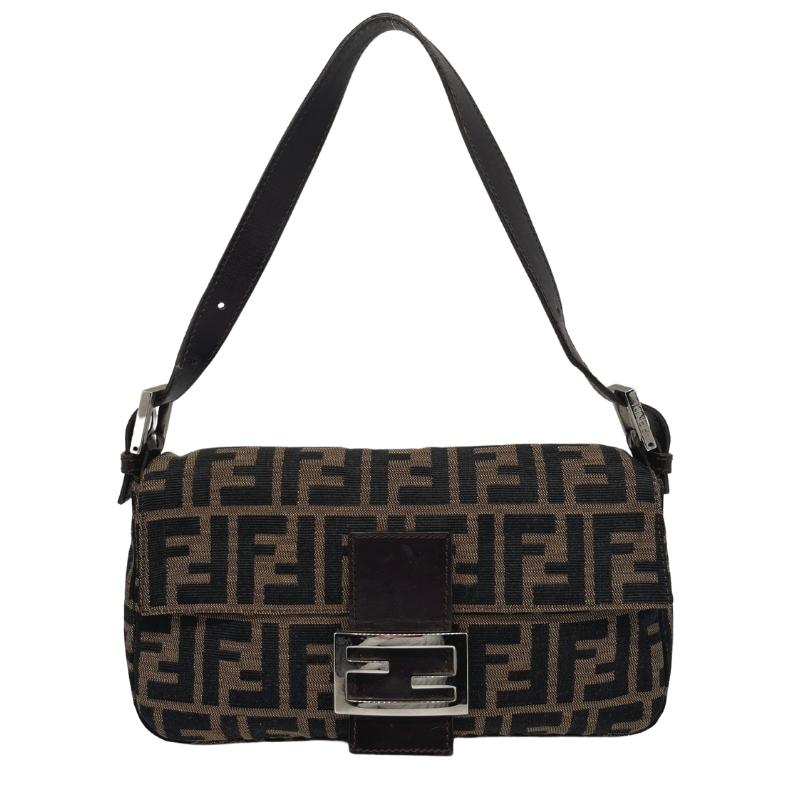 Fendi Zucca Baguette Bag, Brown Canvas Exterior, Zucca FF Logo, Silver Tone Hardware, Leather Trim, Single Shoulder Strap, Jacquard Lining, Single Interior Pocket, Snap Closure at Front, condition excellent
