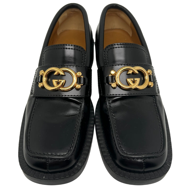 Gucci GG Chunky Loafers,Size 39, Shiny Black Leather, Gold-Toned Hardware, Interlocking G with Studs,Low Heel, Heel Height: 1", Condition: Excellent.