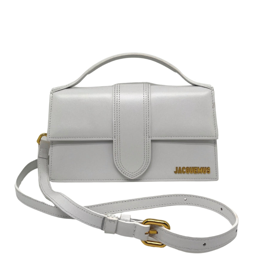 Jacquemus Le Grand Bambino Bag, White Leather Exterior, Gold-Tone Hardware, Rolled Top Handle, Detachable Adjustable Shoulder Strap, Snap Front Closure, Canvas Lining, Single Interior Pocket, Dust Bag Included, Condition: Excellent