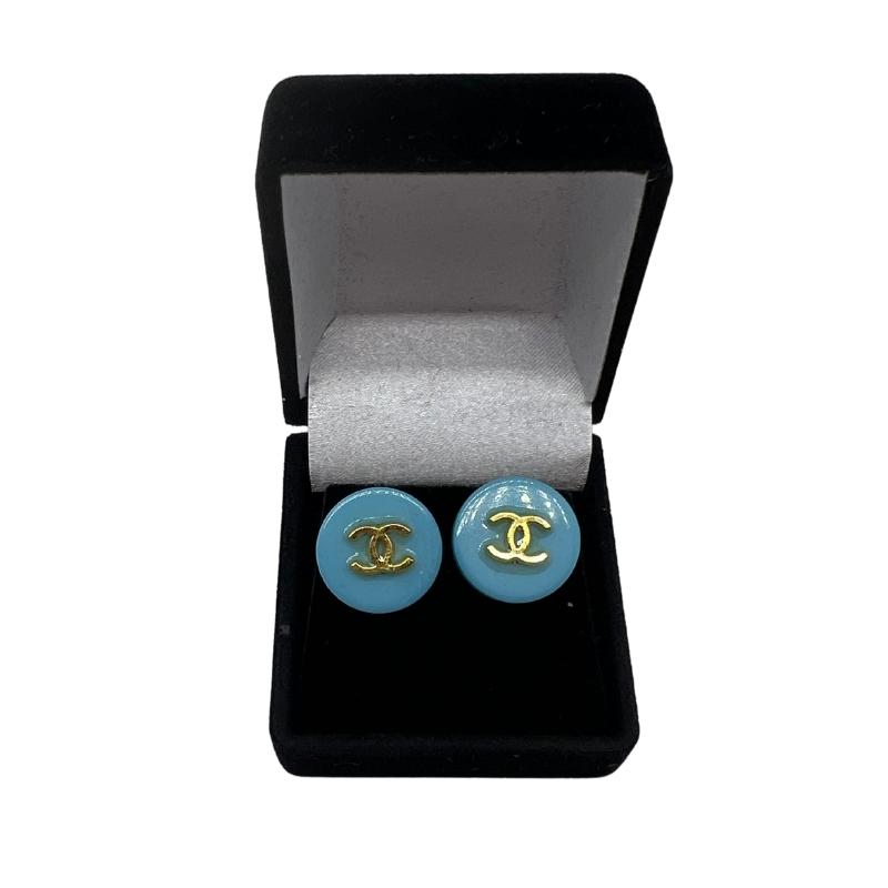 blue and gold designer hoop earrings, authentic chanel repurposed, Sterling silver, 18 carats plated, Size: 2cm