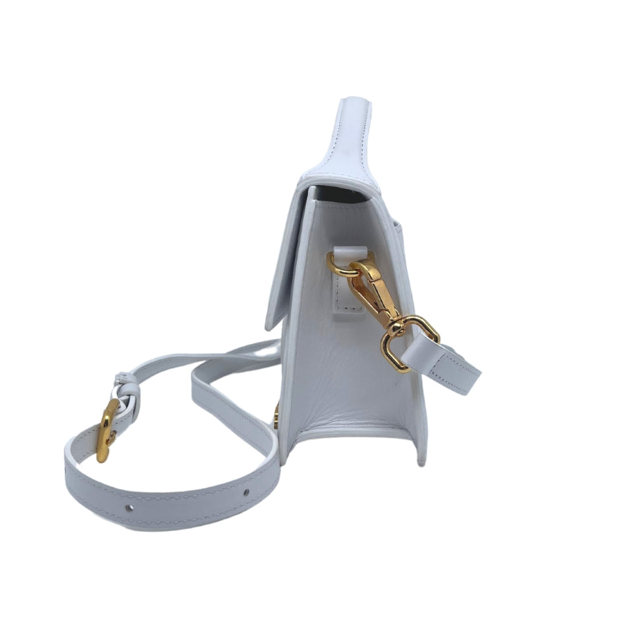 Jacquemus Le Grand Bambino Bag, White Leather Exterior, Gold-Tone Hardware, Rolled Top Handle, Detachable Adjustable Shoulder Strap, Snap Front Closure, Canvas Lining, Single Interior Pocket, Dust Bag Included, Condition: Excellent