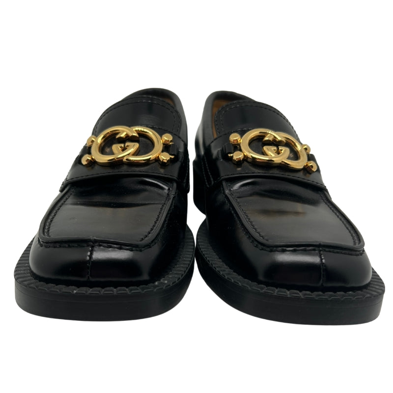 Gucci GG Chunky Loafers,Size 39, Shiny Black Leather, Gold-Toned Hardware, Interlocking G with Studs,Low Heel, Heel Height: 1", Condition: Excellent.