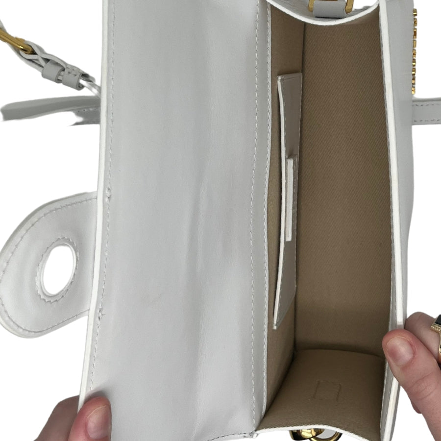 Jacquemus Le Grand Bambino Bag, White Leather Exterior, Gold-Tone Hardware, Rolled Top Handle, Detachable Adjustable Shoulder Strap, Snap Front Closure, Canvas Lining, Single Interior Pocket, Dust Bag Included, Condition: Excellent