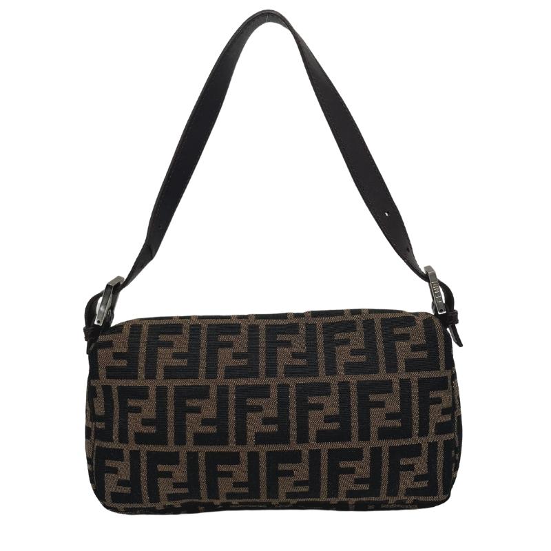 Fendi Zucca Baguette Bag, Brown Canvas Exterior, Zucca FF Logo, Silver Tone Hardware, Leather Trim, Single Shoulder Strap, Jacquard Lining, Single Interior Pocket, Snap Closure at Front, condition excellent