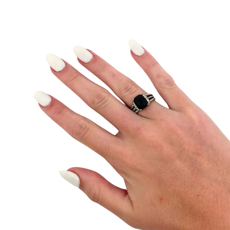 David Yurman Petite Wheaton Ring, Sterling Silver, Black Onyx, Pave Diamonds, Size 5, Condition: Excellent