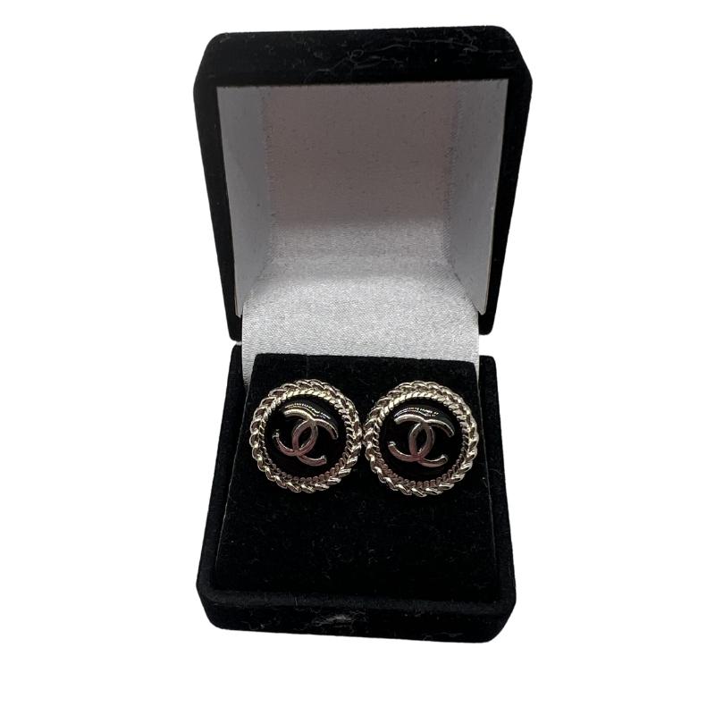 Designer Button Earrings, Silver braided Interlocking CC, Sterling Silver, 18 carats plated, Size- 2cm