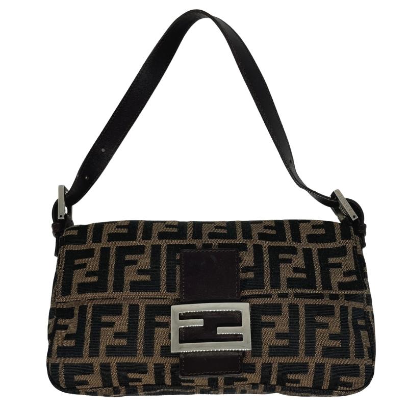 Fendi Zucca Baguette Bag, Brown Canvas Exterior, Zucca FF Logo, Silver Tone Hardware, Leather Trim, Single Shoulder Strap, Jacquard Lining, Single Interior Pocket, Snap Closure at Front, condition excellent