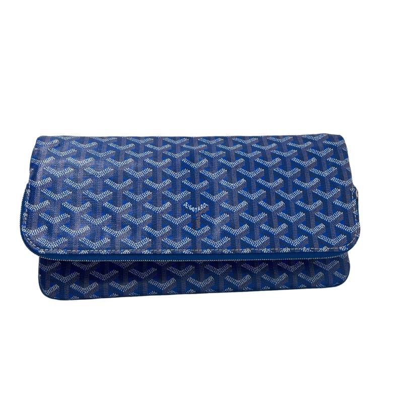 Goyard St. Marie clutch, silver hardware, blue chevron pattern leather exterior, yellow interior, flap closure, condition great