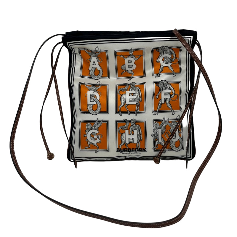 Burberry Mythical Alphabet Drawstring Pouch, Silk Satin Pouch, White and Orange Colorblock, Leather Trim, White Stitching, Drawstring Closure, Condition Excellent