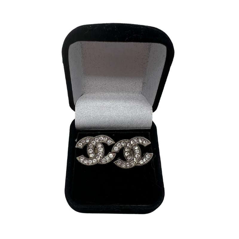 Designer Button Earrings, Silver Rhinestone Interlocking CC, Sterling Silver, 18 carats plated, Size- 2cm