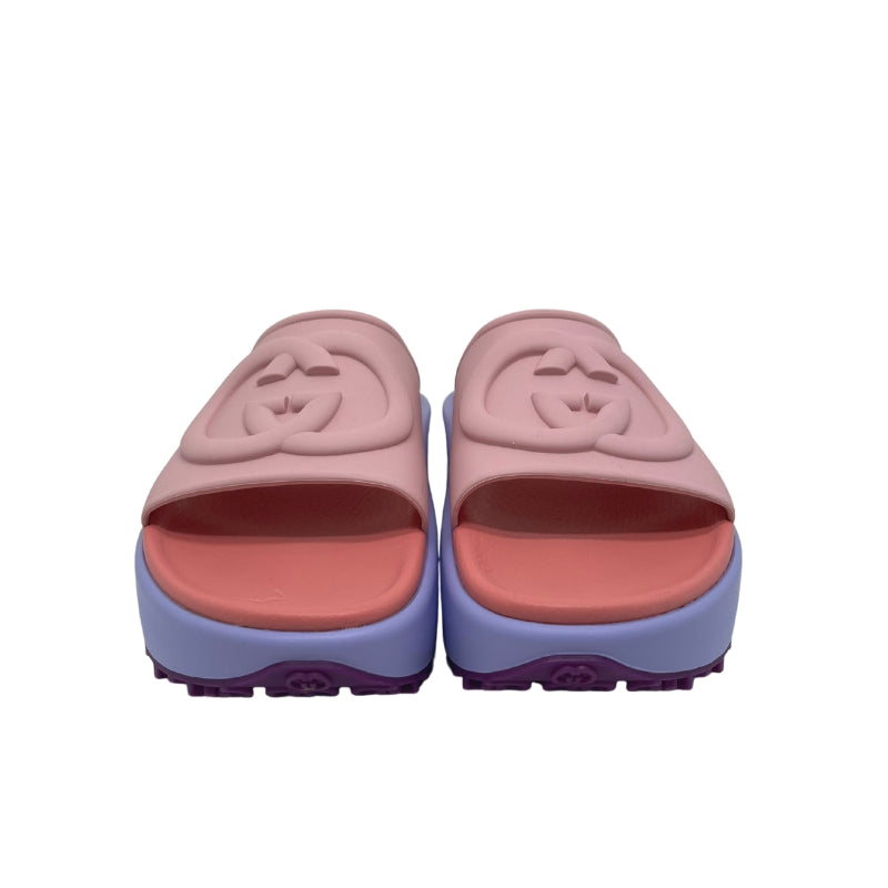 Gucci Interlocking G Platform Rubber Slides, Size 38, Embossed GG Logo, Pink and Purple Rubber, Rubber Sole, Condition: Excellent