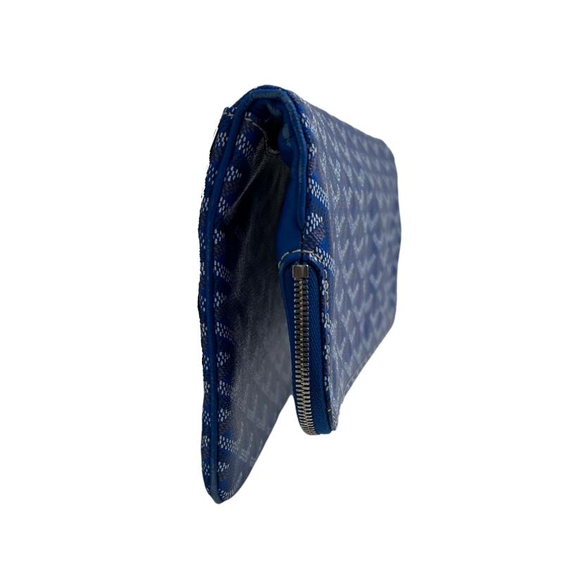Goyard St. Marie clutch, silver hardware, blue chevron pattern leather exterior, yellow interior, flap closure, condition great