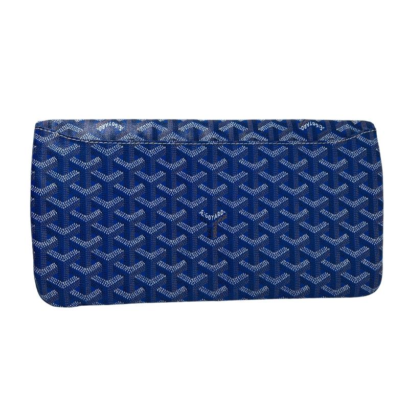 Goyard St. Marie clutch, silver hardware, blue chevron pattern leather exterior, yellow interior, flap closure, condition great
