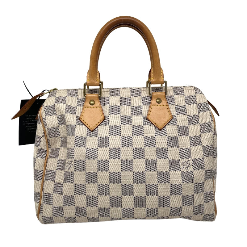 Louis Vuitton Damier Azur Speedy 25, Coated Canvas Exterior, Damier Azur Pattern, Rolled Top Handles, Brass Hardware, Leather Trim Embellishment, Canvas Lining, Single Interior Pocket, Zip Closure at Top