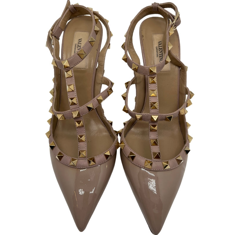 Valentino Rockstud Caged Pump| Size 40| Platinum Finish Studs| Tan Piping and Ankle Straps| Leather Sole| Heel Height: 4"| Condition: Excellent.