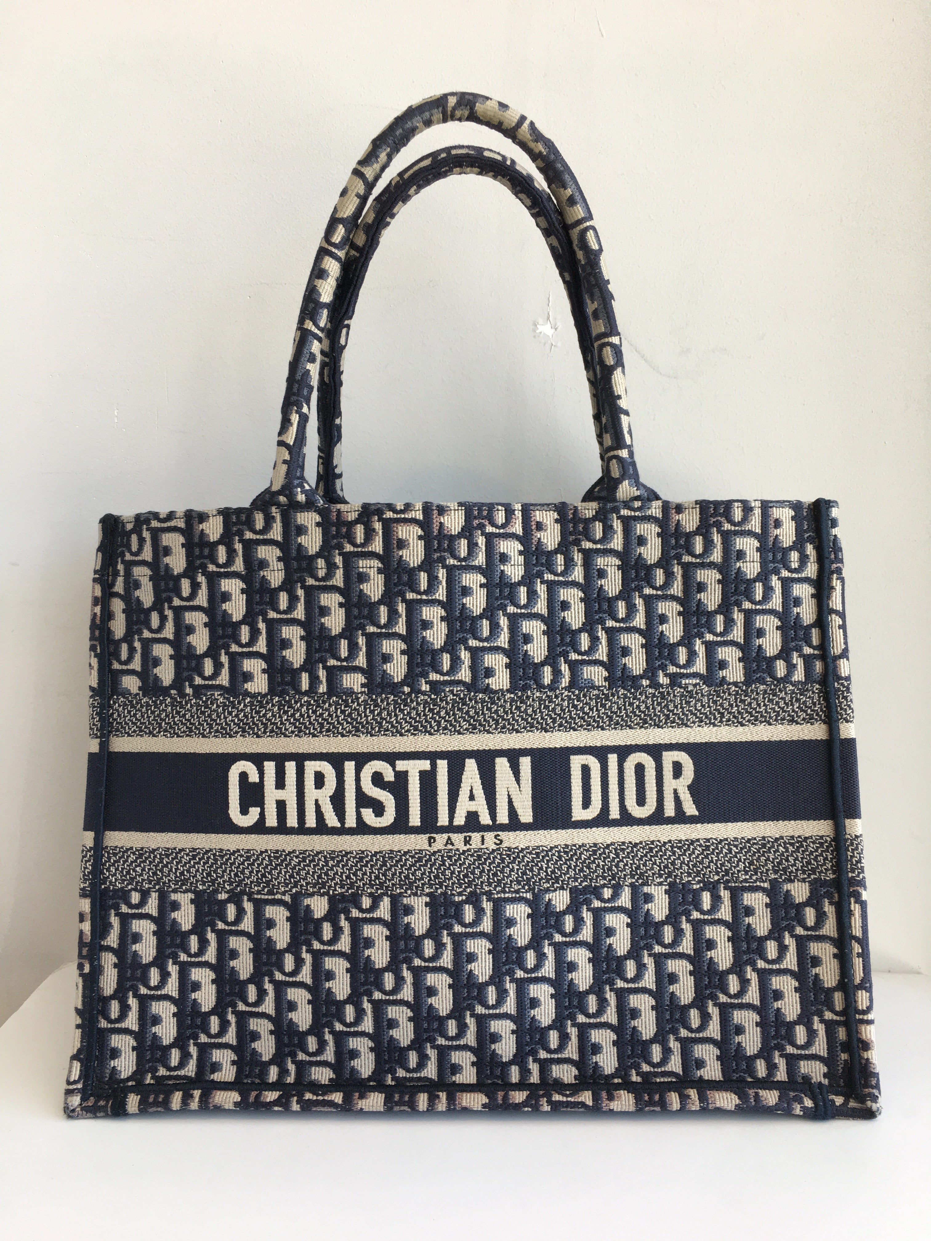 Christian Dior Small Book Tote in Blue and Ivory - dress. Raleigh