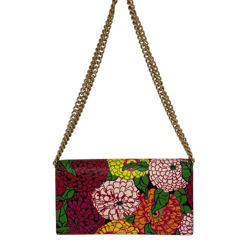 Gucci x Ken Scott Floral Wallet on Chain. Gold tone hardware with chain link strap and horsebit accent. New condition