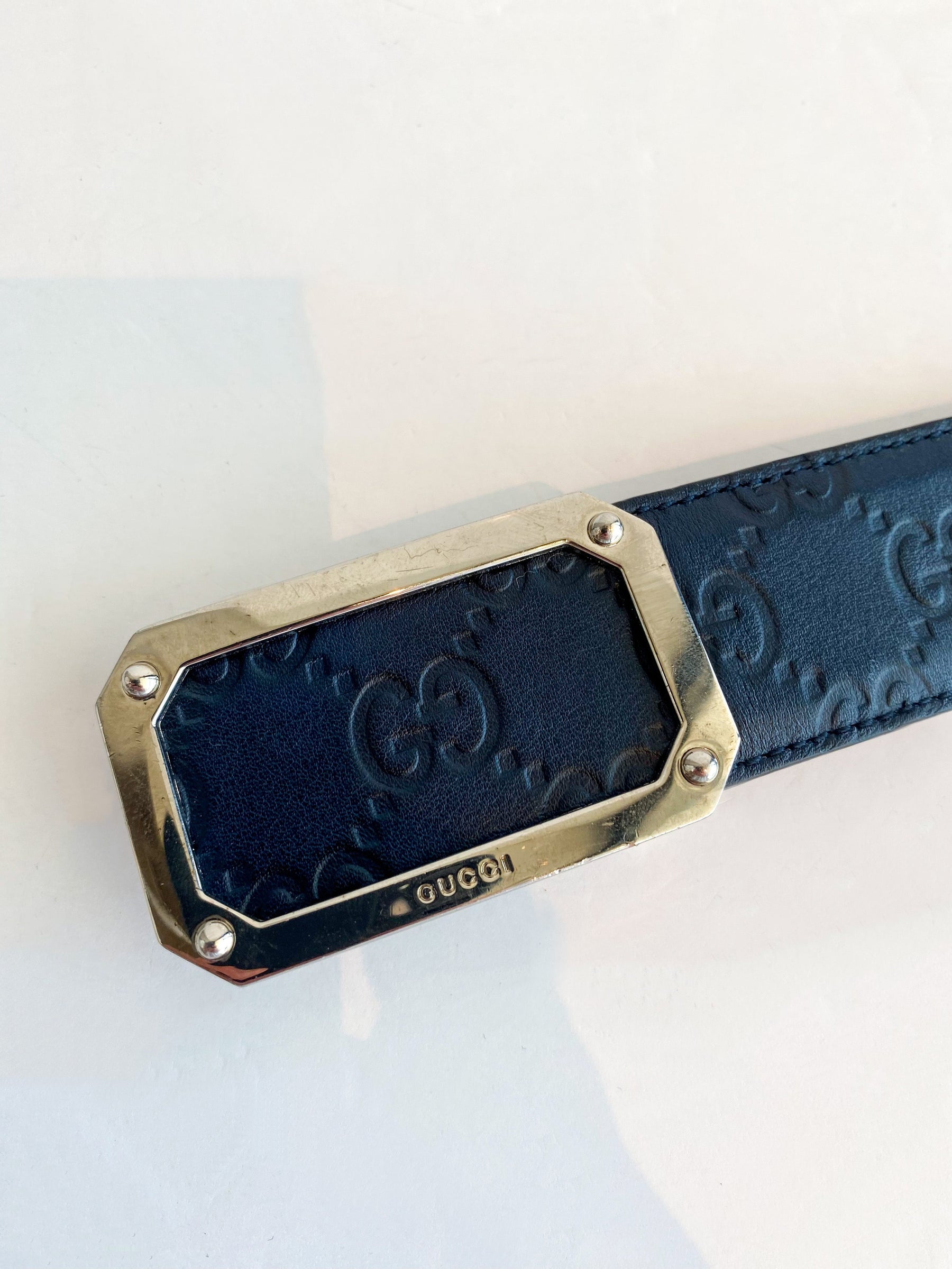 Gucci Navy Leather Belt GG Silver Buckle