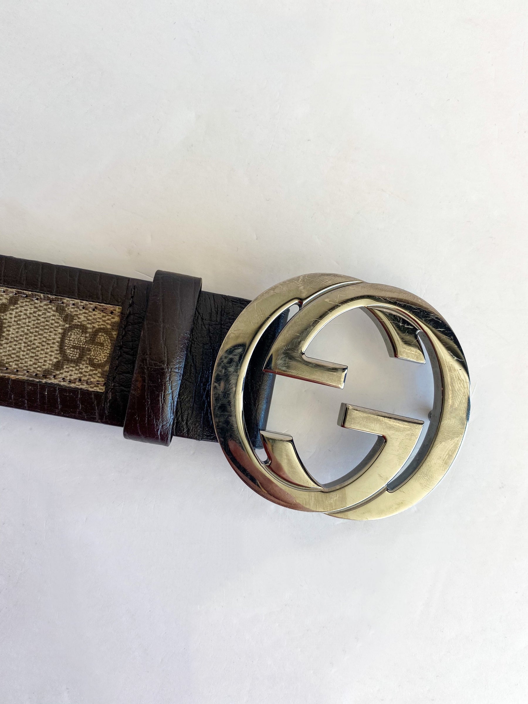 Gucci Guccissima GG Logo Belt Silver Buckle Brown Leather Tan Canvas Front