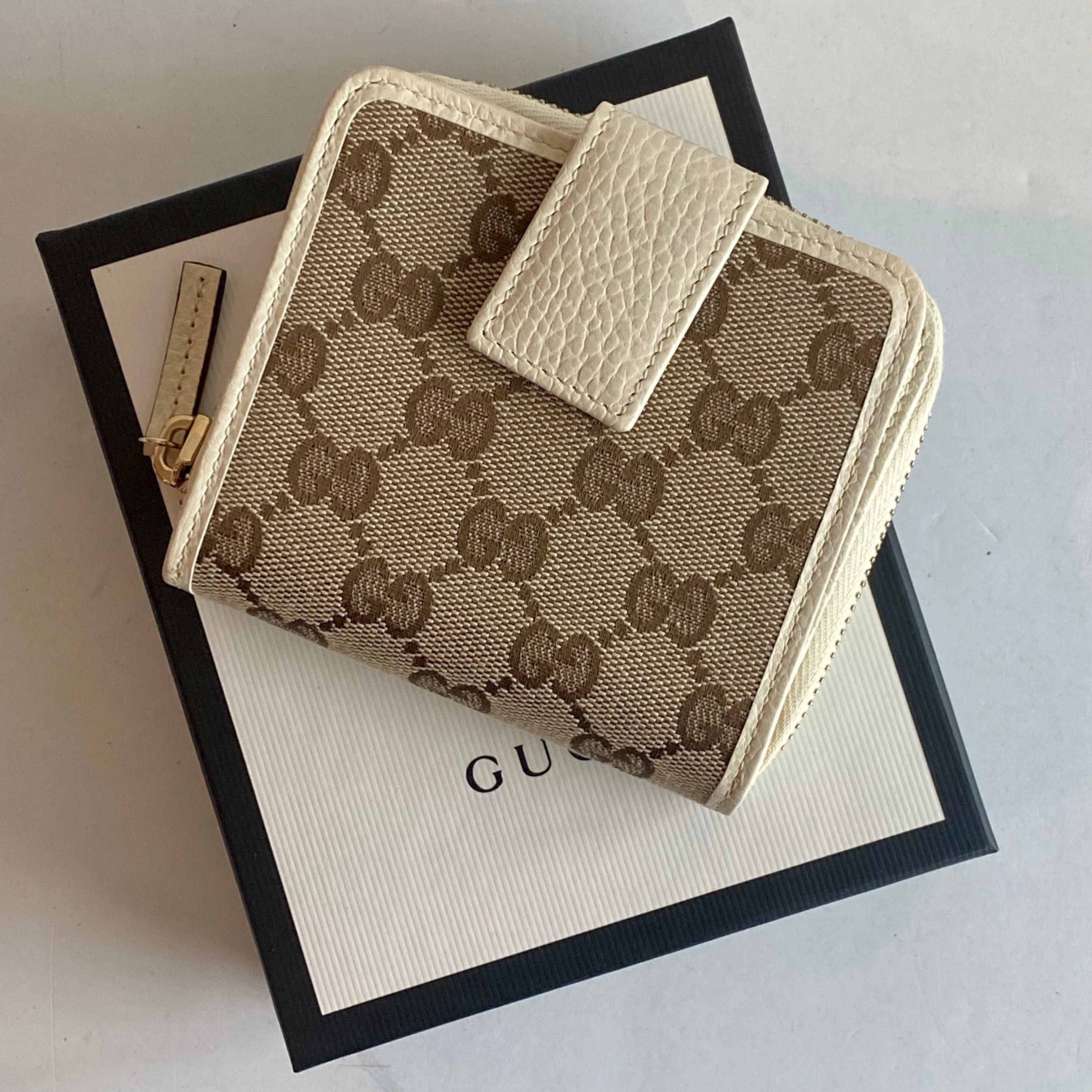 Gucci Zip Around French Flap Wallet Monogram Blue in Canvas with