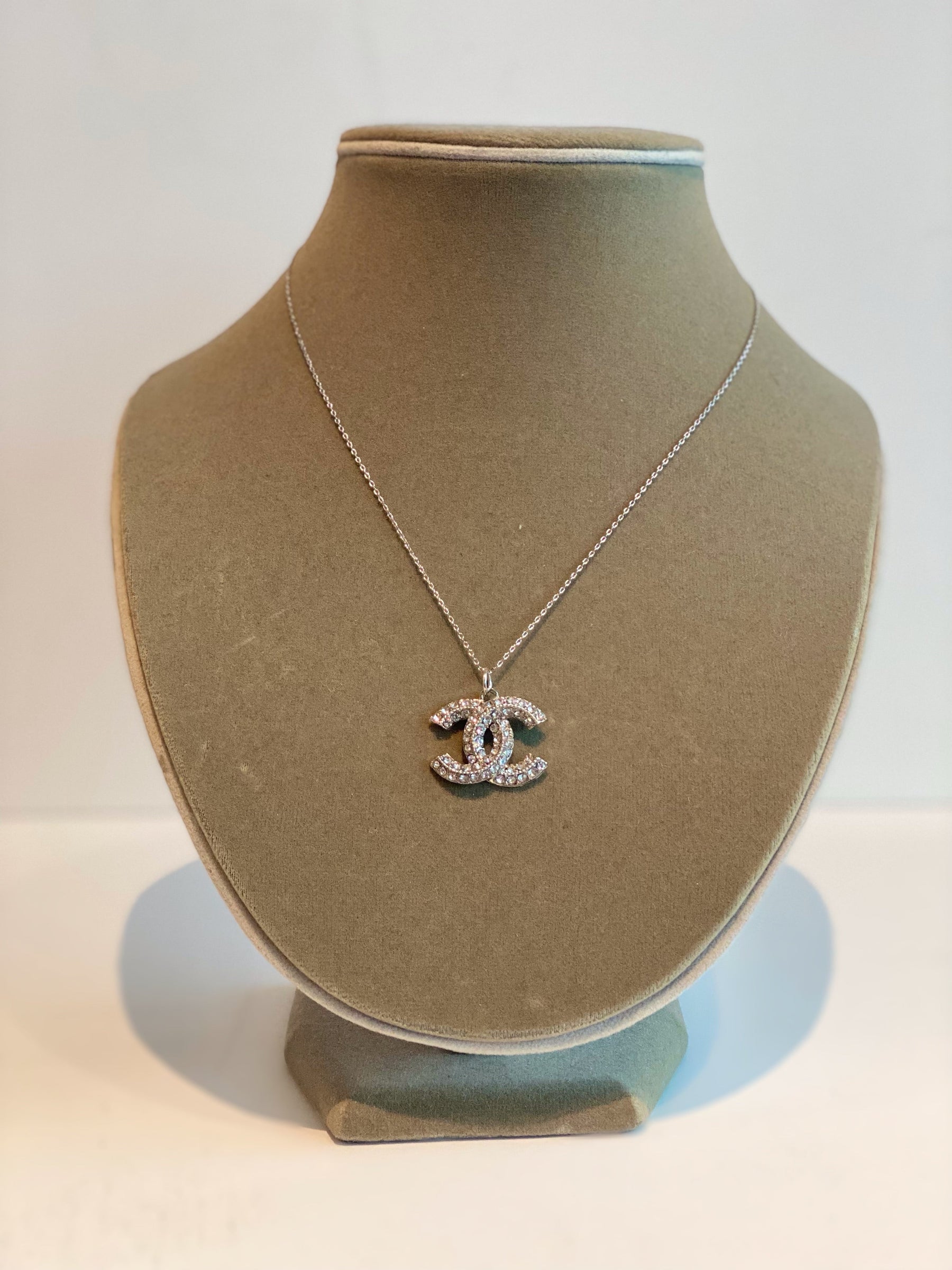 Designer Button Repurposed Necklace Silver-tone Hardware Crystal Detail