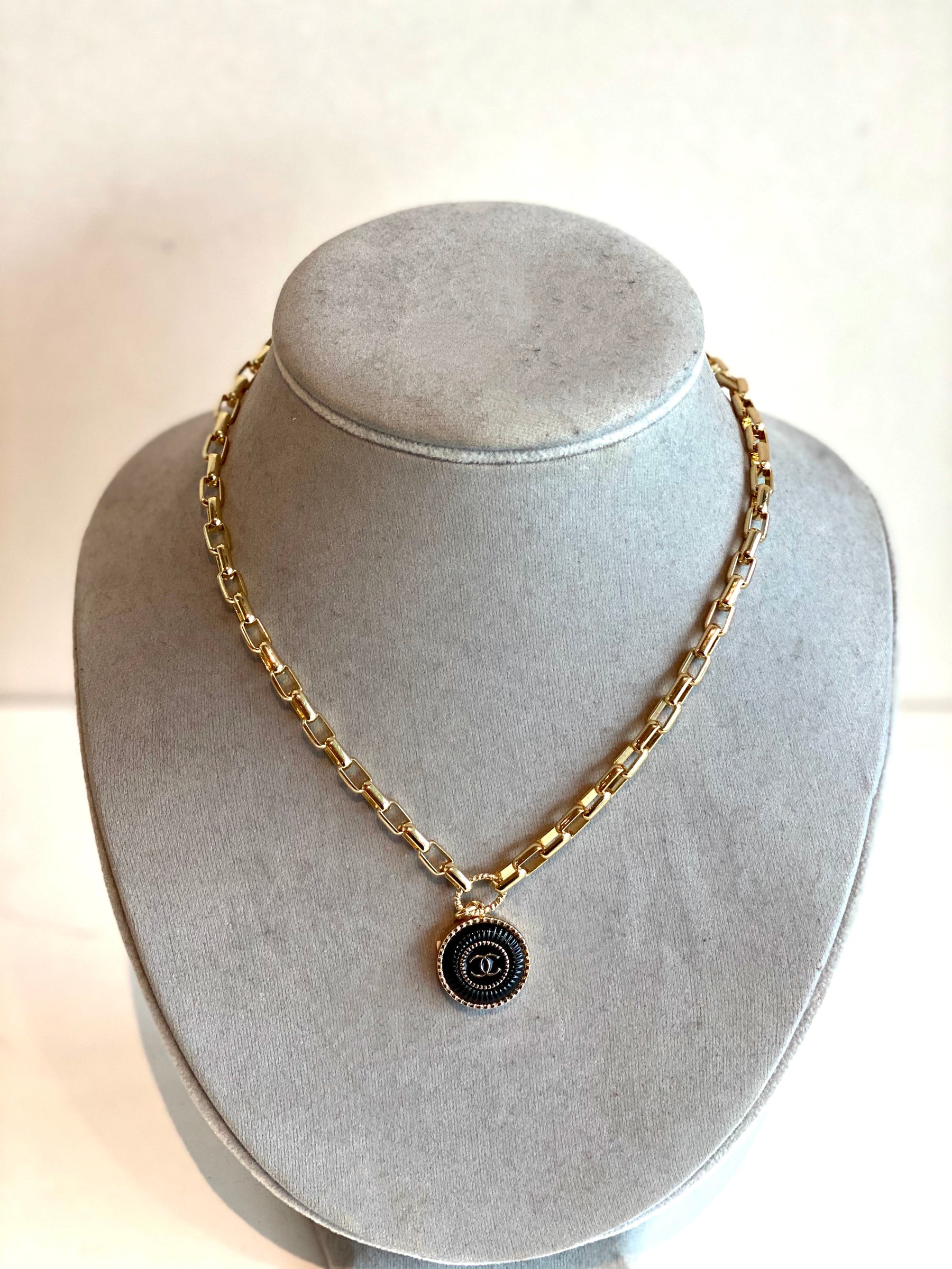 designer button necklace gold