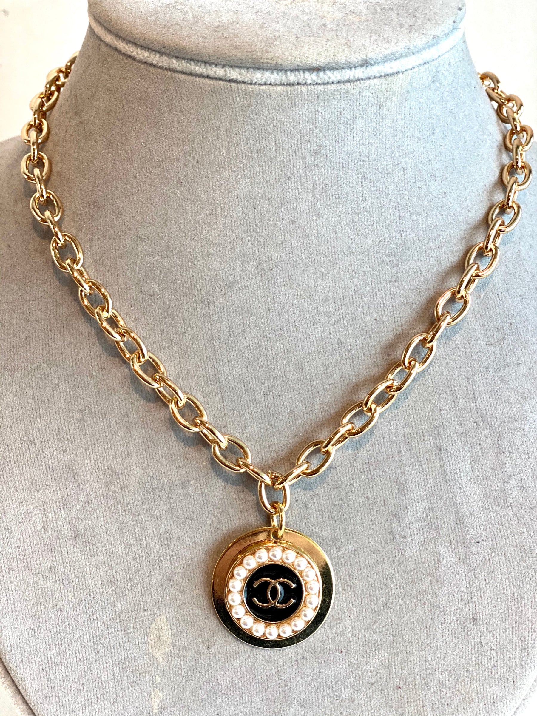 designer button black necklace
