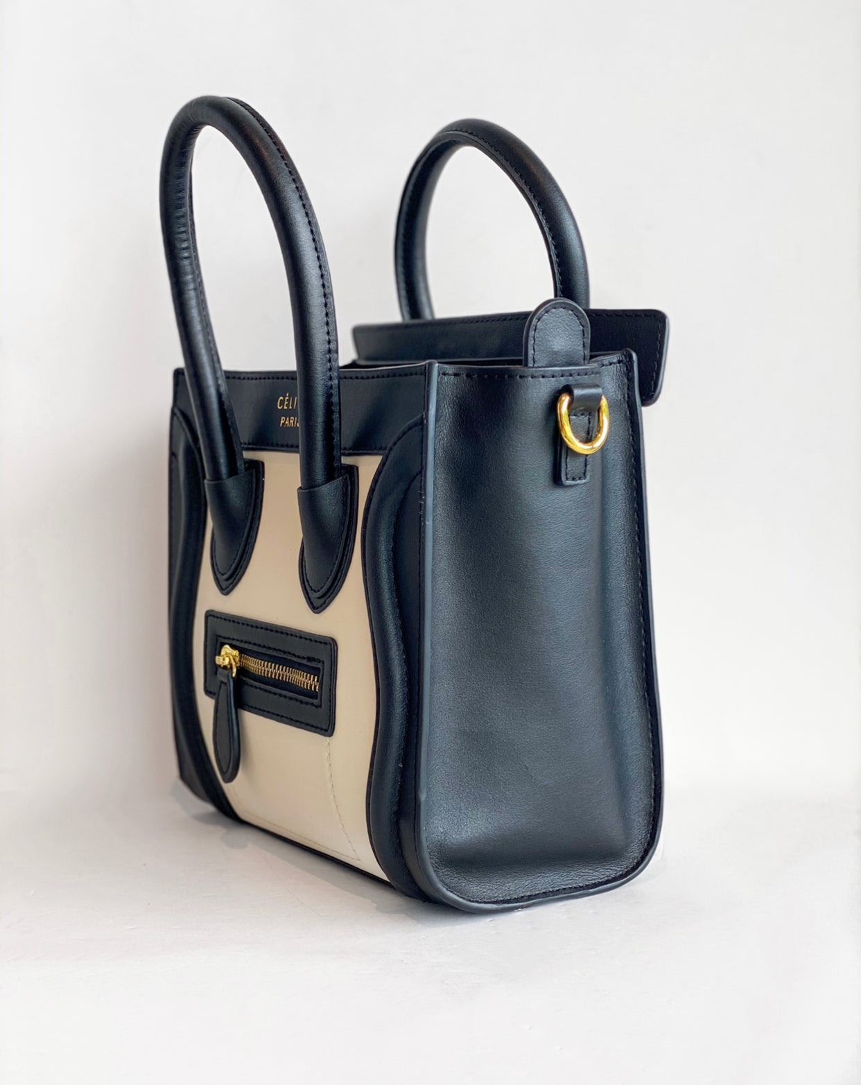 Celine Nano Luggage tote Black and Ivory Side of Bag