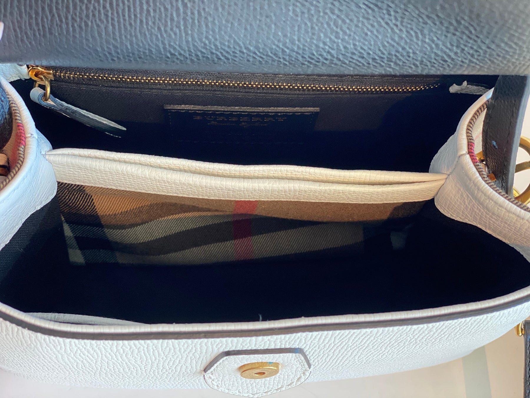 Burberry Camberley Bag Black and White Inside of Bag Inner Zipper Pocket Pocket Divider