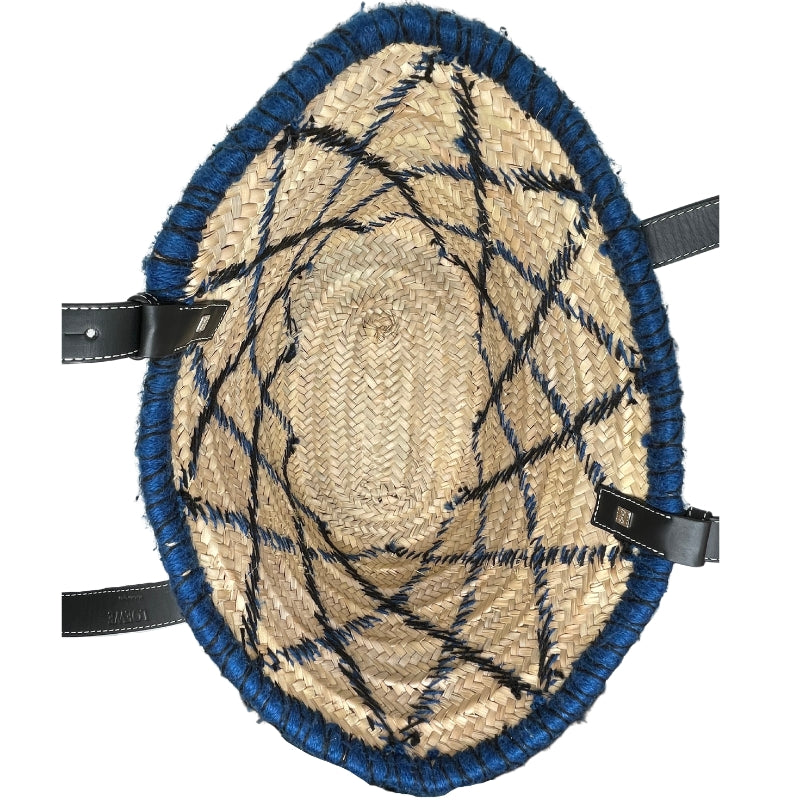 Loewe Embroidered Raffia Basket Tote   Tan Woven Raffia  Blue and Black Embroidery  Silver-Tone Hardware  Embossed Black Leather Loewe Patch   Adjustable Black Leather Straps   Unlined Interior