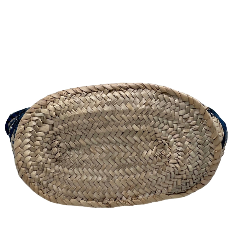 Loewe Embroidered Raffia Basket Tote   Tan Woven Raffia  Blue and Black Embroidery  Silver-Tone Hardware  Embossed Black Leather Loewe Patch   Adjustable Black Leather Straps   Unlined Interior