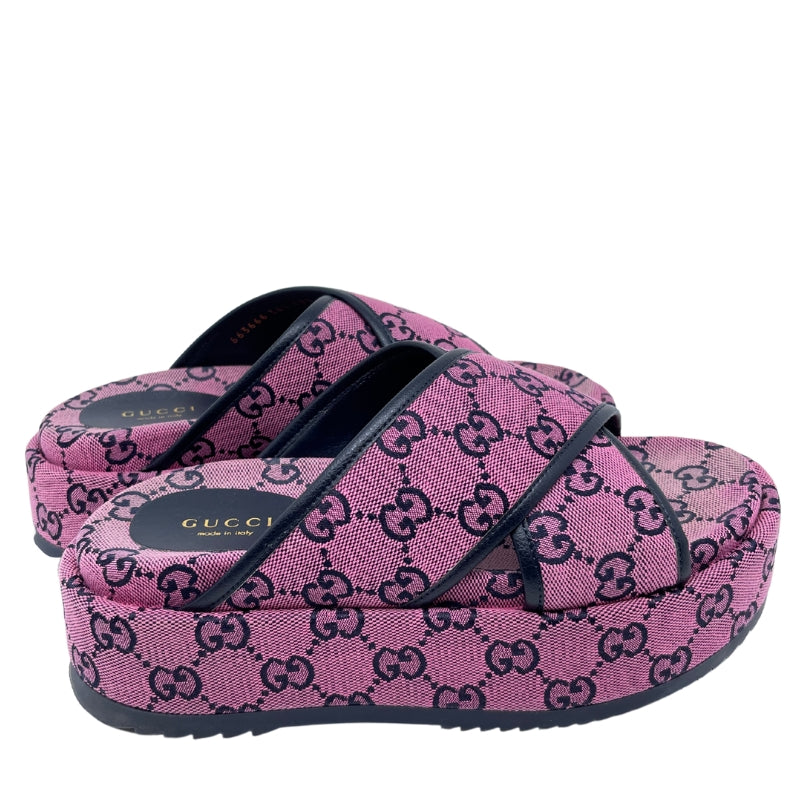 Gucci GG Canvas Crisscross Platform Sandal Pink and Blank Canvas Rubber Sole Box Included Size: 36.5