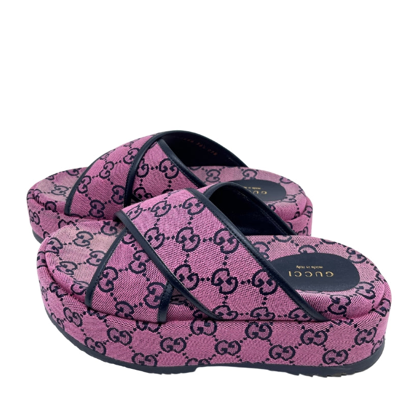 Gucci GG Canvas Crisscross Platform Sandal Pink and Blank Canvas Rubber Sole Box Included Size: 36.5