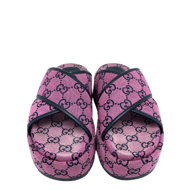Gucci GG Canvas Crisscross Platform Sandal Pink and Blank Canvas Rubber Sole Box Included Size: 36.5