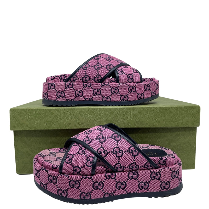 Gucci GG Canvas Crisscross Platform Sandal Pink and Blank Canvas Rubber Sole Box Included Size: 36.5