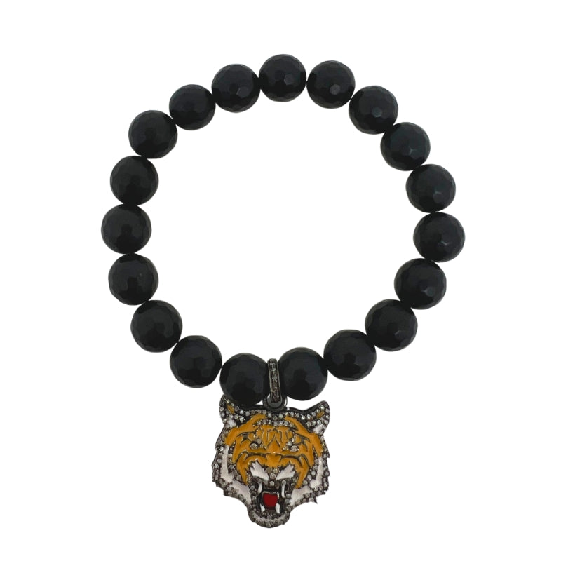 The Woods Black Onyx Beaded Bracelet with Tiger Charm Pave Diamonds