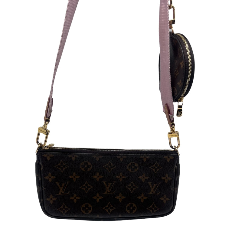 Louis Vuitton Multi Pochette Bag Monogram Canvas Exterior Brown Fabric Interior Detachable Front Pocket Zip Closure on Both Pockets Single Interior Flat Pocket Detachable Coin Purse with Cream Canvas Interior Gold Toned Hardware Pink Louis Vuitton Inscribed Cross Body Strap
