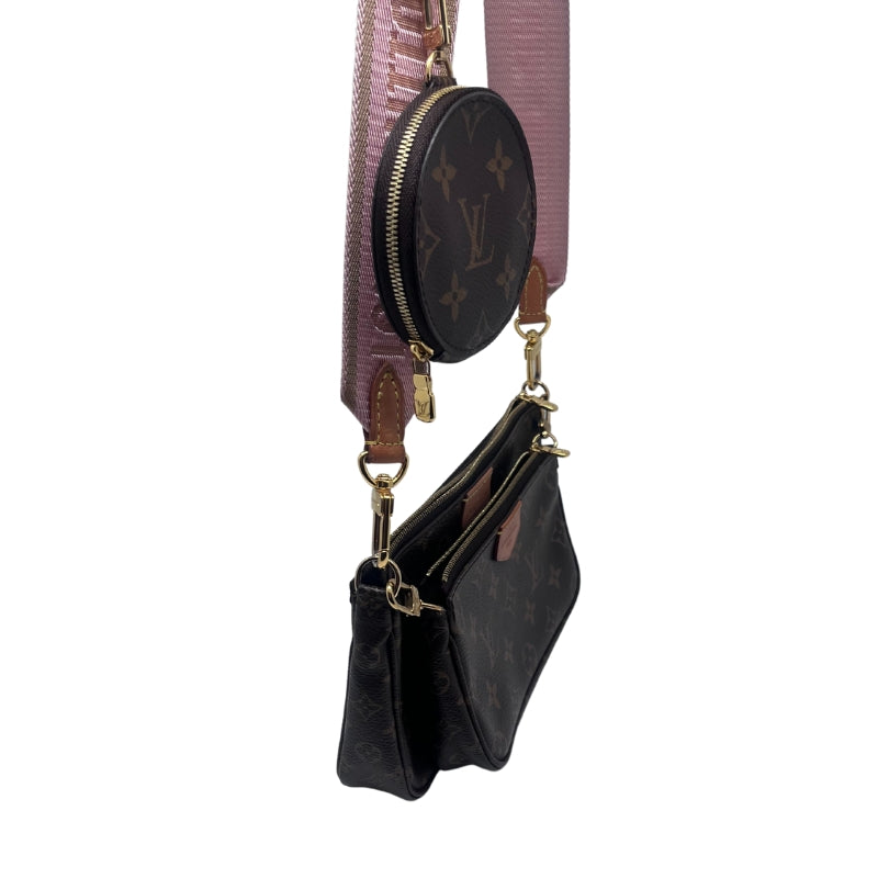 Louis Vuitton Multi Pochette Bag Monogram Canvas Exterior Brown Fabric Interior Detachable Front Pocket Zip Closure on Both Pockets Single Interior Flat Pocket Detachable Coin Purse with Cream Canvas Interior Gold Toned Hardware Pink Louis Vuitton Inscribed Cross Body Strap