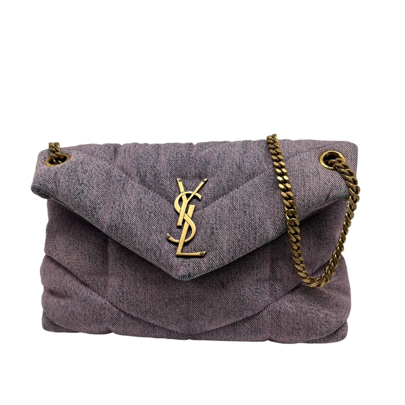 Saint Laurent Denim LouLou Puffer Bag  Pink and Blue Denim Exterior   Gold Toned Hardware   YSL Monogrammed Emblem   Double Chain Shoulder Straps with Leather Top  Single Button Enclosure  Black Leather Interior   Single Flat Interior Pocket with Zip Enclosure