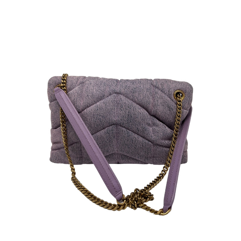 Saint Laurent Denim LouLou Puffer Bag  Pink and Blue Denim Exterior   Gold Toned Hardware   YSL Monogrammed Emblem   Double Chain Shoulder Straps with Leather Top  Single Button Enclosure  Black Leather Interior   Single Flat Interior Pocket with Zip Enclosure