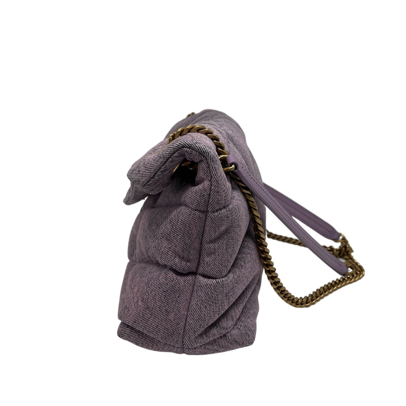 Saint Laurent Denim LouLou Puffer Bag  Pink and Blue Denim Exterior   Gold Toned Hardware   YSL Monogrammed Emblem   Double Chain Shoulder Straps with Leather Top  Single Button Enclosure  Black Leather Interior   Single Flat Interior Pocket with Zip Enclosure