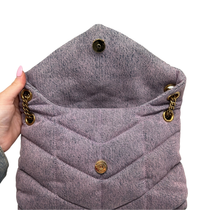 Saint Laurent Denim LouLou Puffer Bag  Pink and Blue Denim Exterior   Gold Toned Hardware   YSL Monogrammed Emblem   Double Chain Shoulder Straps with Leather Top  Single Button Enclosure  Black Leather Interior   Single Flat Interior Pocket with Zip Enclosure