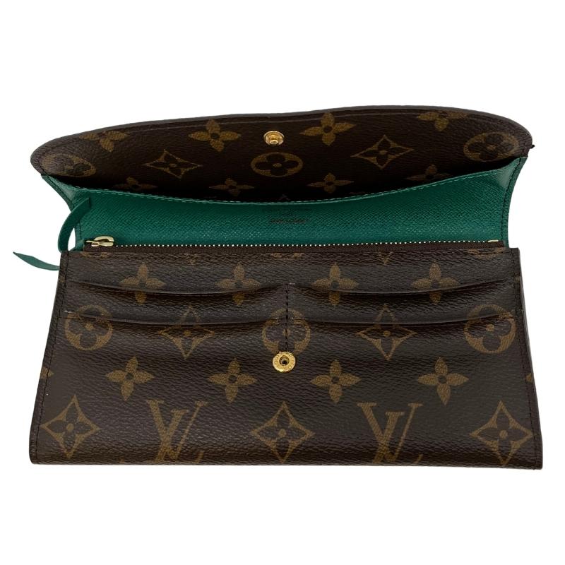 Louis Vuitton Emilie Wallet, LV logo brown exterior, snap front closure, green snap accent, green leather lining, single interior pocket and card slots, condition great, top view