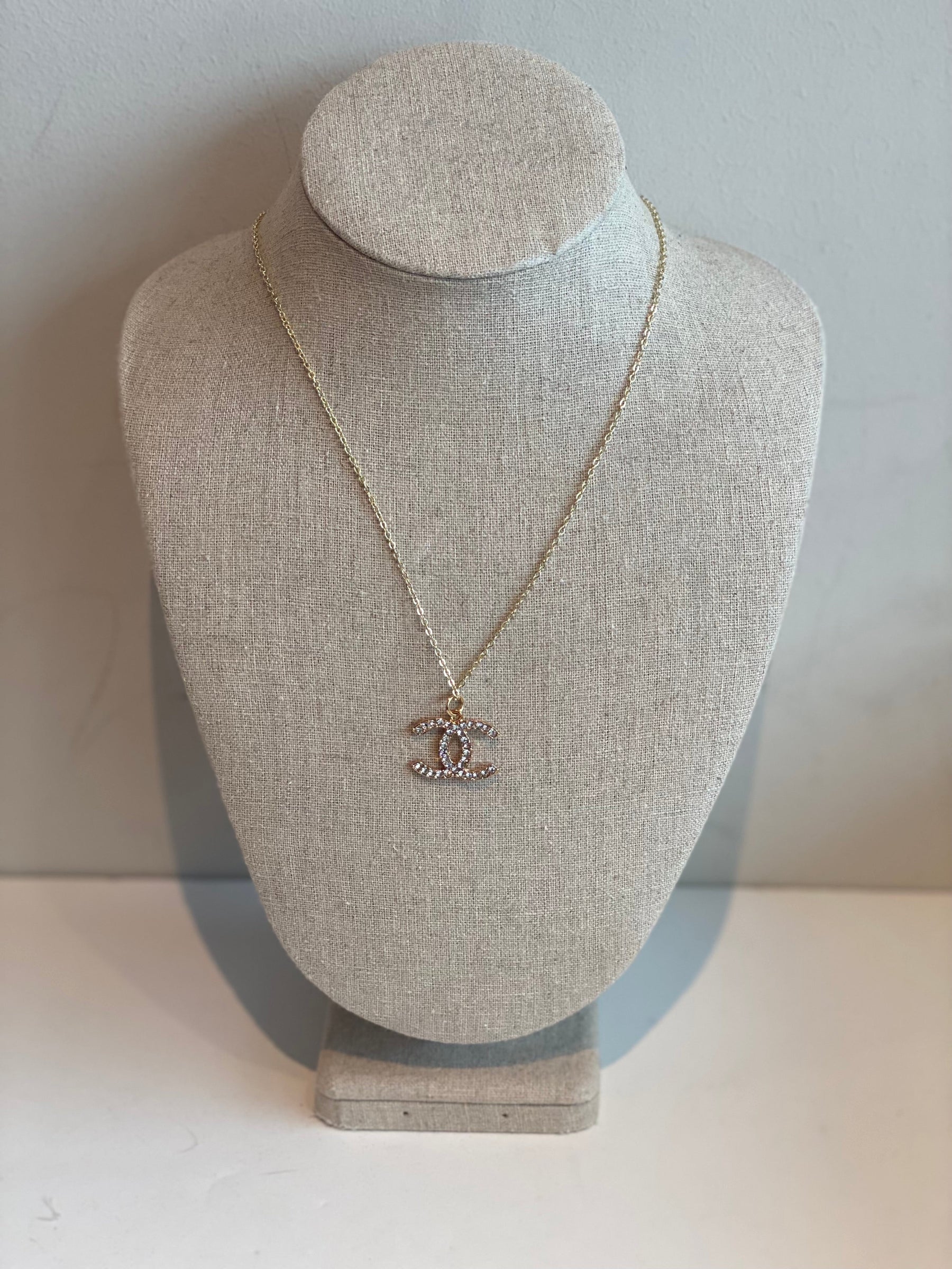 Designer Button Repurposed Necklace Gold-tone Hardware Crystal Detail